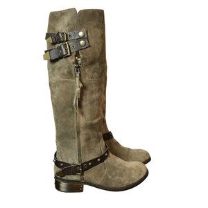 VERY VOLITILE Tan Suede Knee High Boots Womens 7 Side Zip Straps